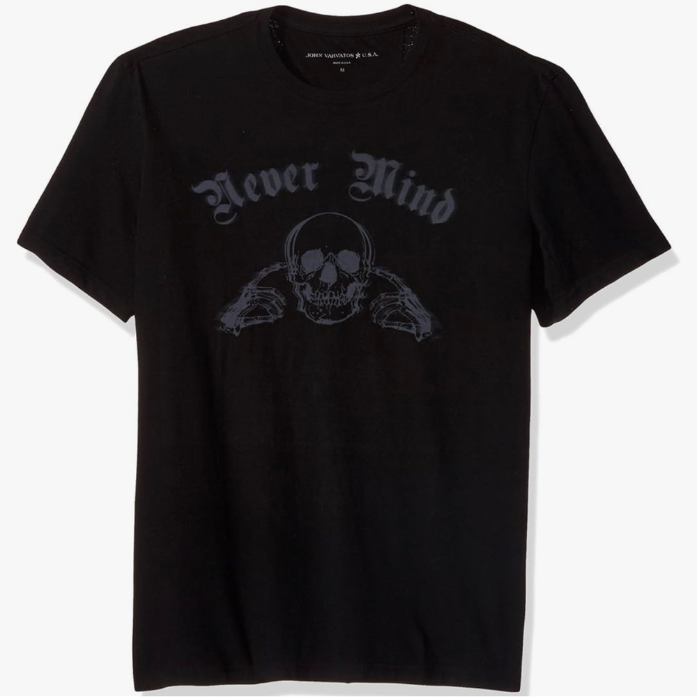John Varvatos Black Tee with Subtle Skull and 'Never Mind' Script